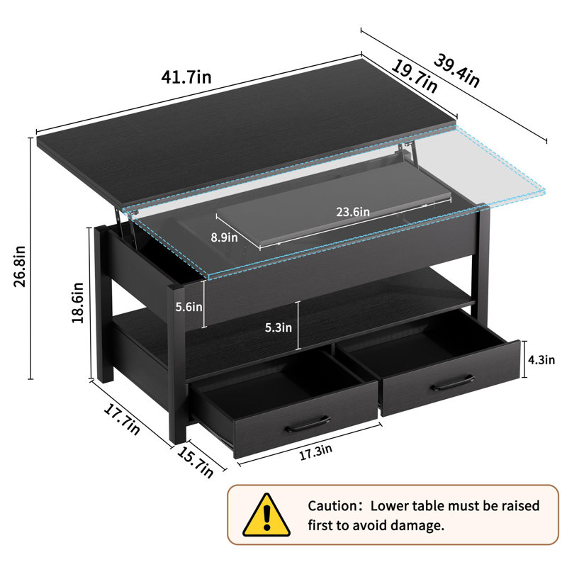 Table basse 3-en-1 convertible à plateau relevable avec rangement, Noir