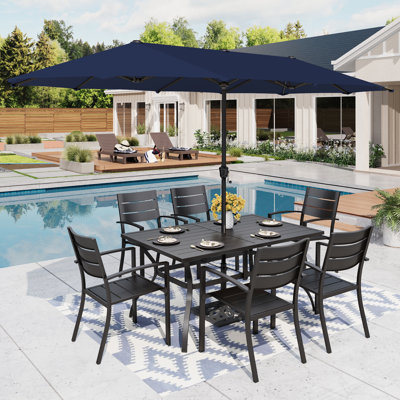 6 - Person Metal Patio Dining Set With Rectangular Table & Umbrella