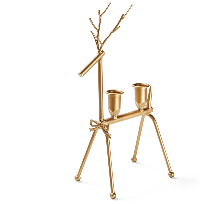 Reindeer Double Taper Candle Holder Gold Metal Christmas, 13.31" H x 4.53" W x 7.09" D, 2