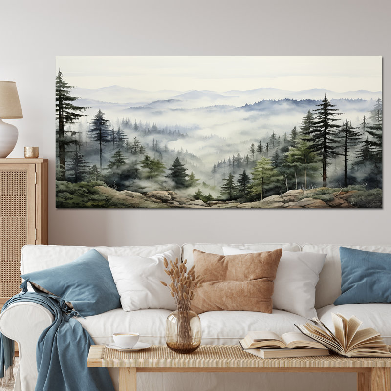 «Pine Tree Misty Mountain I», art sur toile de pin, H 28 po x l 60 po, Toile tendue, Sans cadre