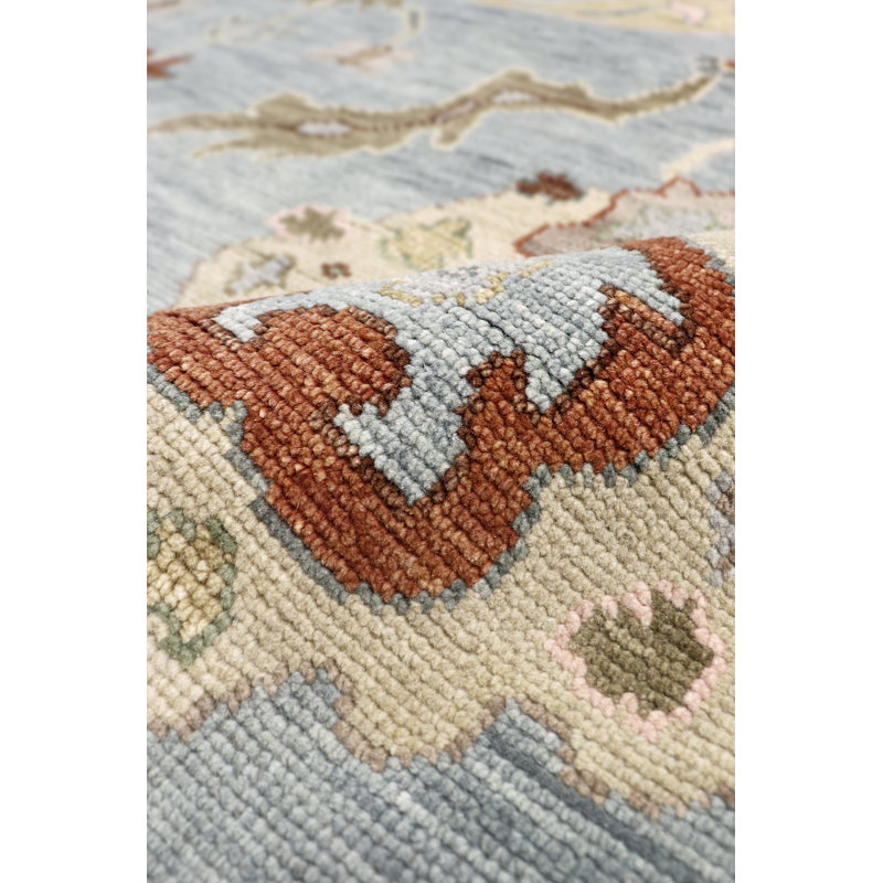 Tapis floral en laine noué à la main bleu / vert Oushak, Rectangle 9 pi 10 po x 14 pi