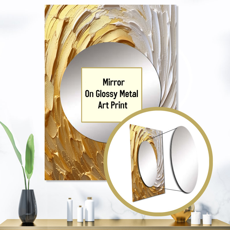 Mukunth Gold and Cream Enchanted Whirls I - Abstract Spirals Unique Wall Mirror, Gold Mirror, Printed Metal Art, 40" x 30"