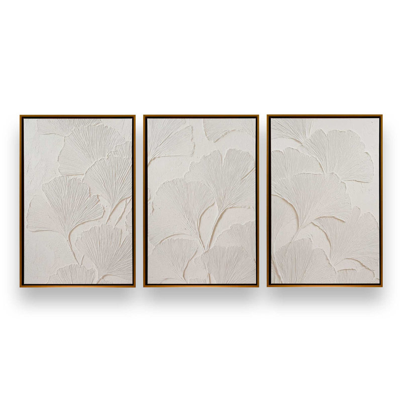 Ensemble de 3 impressions Ginkgo Whispers, 48 po x 32 po, Cadre flottant doré poli