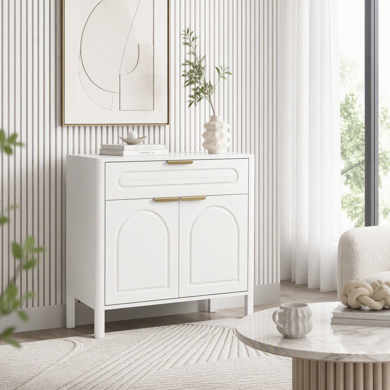 Armoire de rangement décorative avec design arqué, tiroir et bords arrondis lisses, Blanc