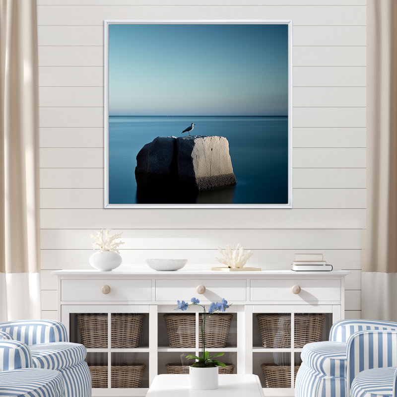 Coastal Seagul Scenery Minimalisme sur toile, Cadre flottant blanc, H 24 po x l 24 po x P 1 po