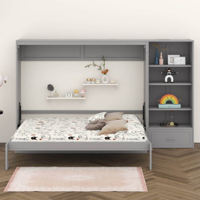 Queen Size Horizontal Murphy Bed With 1 Drawer, Hidden Folding Wall Bed Frame With Height Adjustable Storage Compartments And Shelf