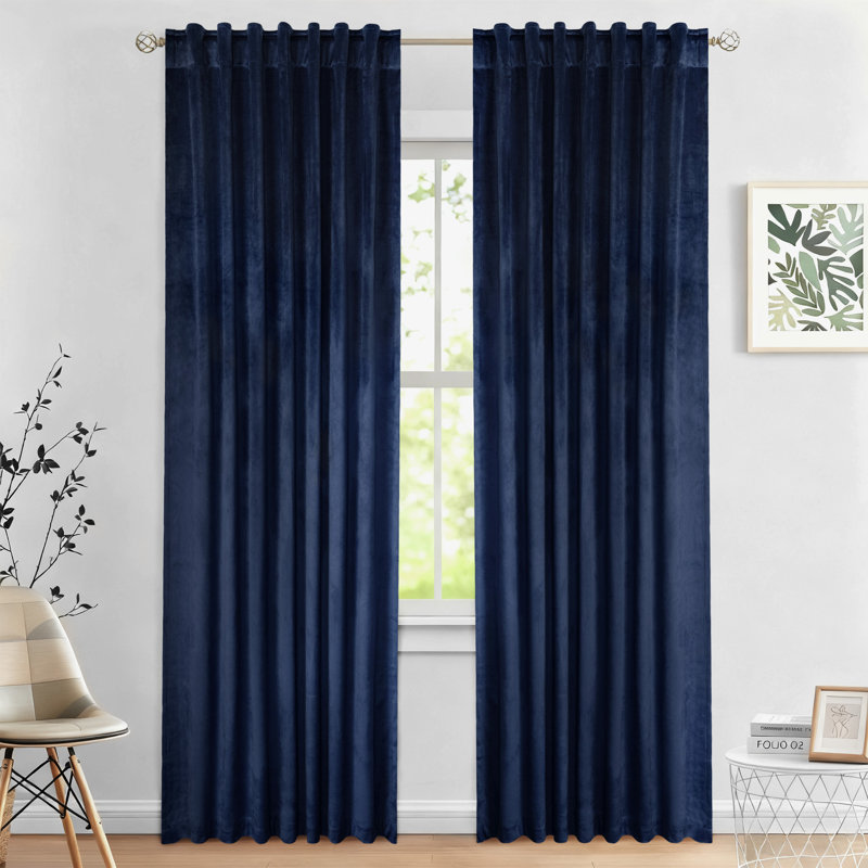 Soft Luxurious Velvet Back Tab Blackout Room Darkening Curtain Pair, 52" W x 96" L, Navy Blue