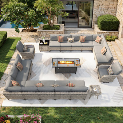 Emroy 16 - Person Outdoor Conversation Set,  Wicker Patio Seating Group with Cushions, All Weather Sectional Sofa Set with Fire Pit for Garden, Backyard
