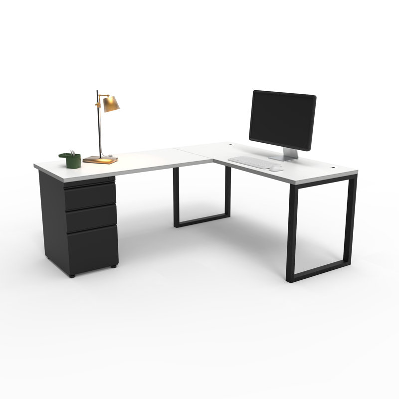 The City, Modern L-Shaped Office Desk for Office and Home, White Top with Black Frame, Brite White/Black