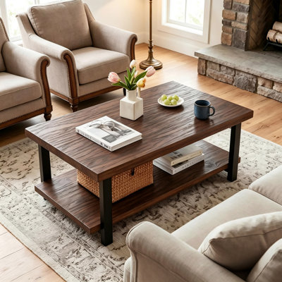100% All‑Solid‑Wood Farmhouse Rustic Rectangle Coffee Table, Living Room Coffee Table with Open Storage Shelf, Heavy‑Duty Home Furniture