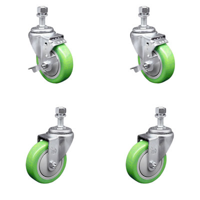 Polyurethane Wheel Swivel 10mm Threaded Stem Caster Set 2 Brakes