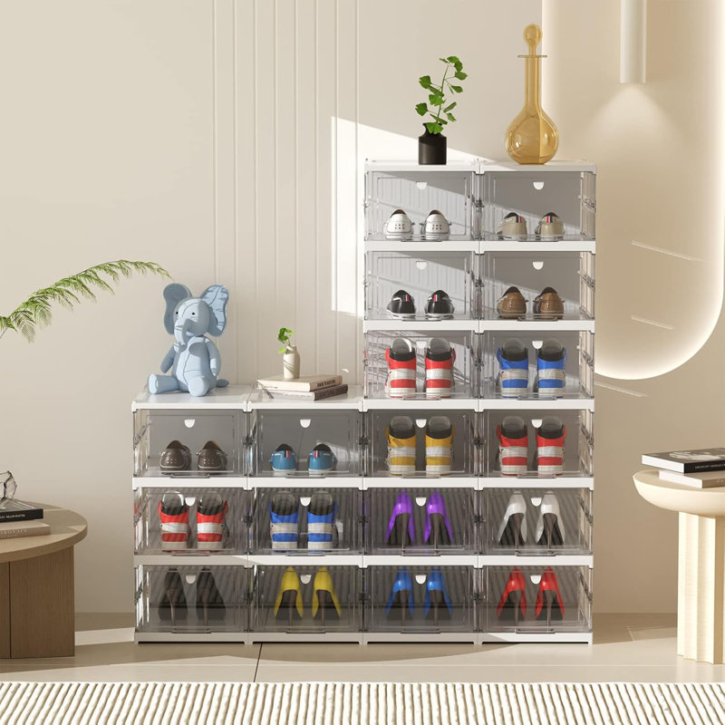 Shoe Boxes Clear Plastic Stackable, Shoe Storage Organizer Boxes Easy Installation All In One Shoe Box With Doors 6 Tier Foldable Shoe Box Space Saving For Closet Entryway Containers Bins