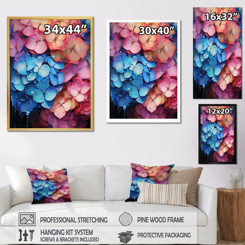 Hydrangées bleues et roses - Pétales surréels, H 40 po x l 30 po x P 1,5 po, Cadre naturel flottant