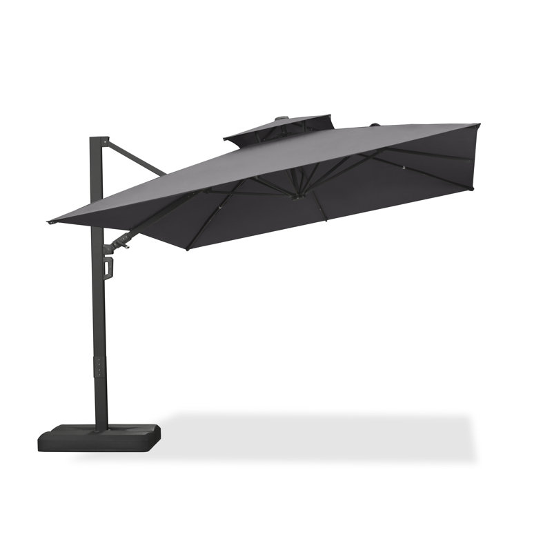 Grand parasol rectangulaire extérieur en porte-à-faux décalé en aluminium 120 po x 156 po avec base et rotation à 360 degrés