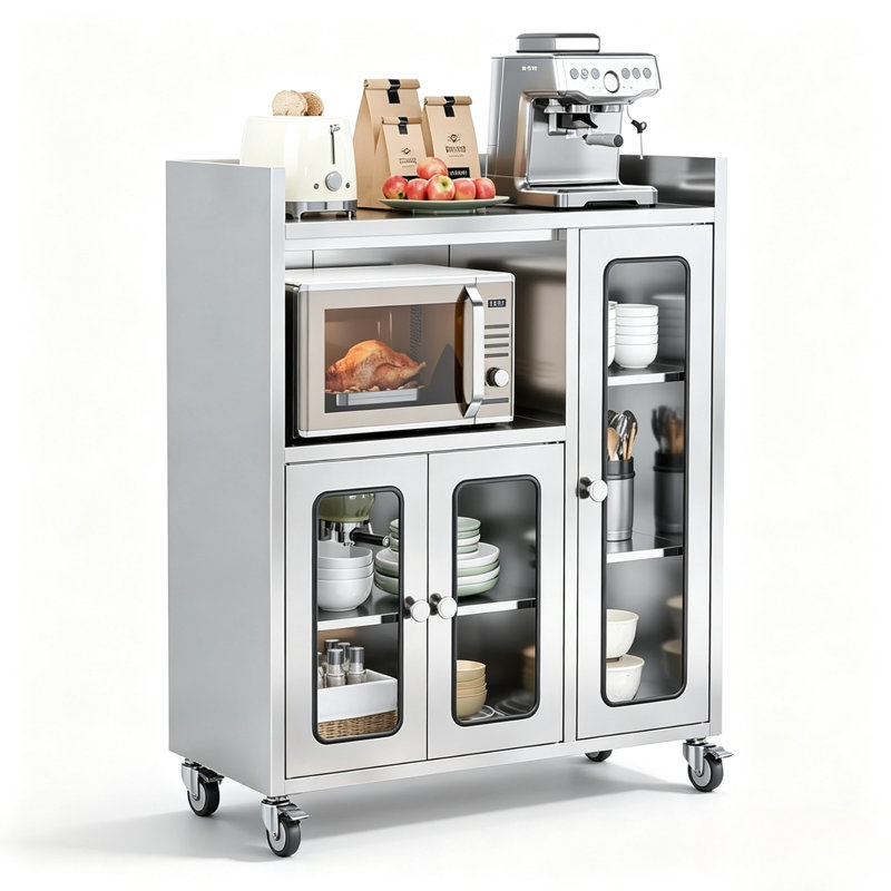 Stainless Steel Rolling Storage Cabinet Kitchen Worktable with 3 Acrylic Door Compartments  and Wheels