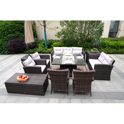 Omied 9 Piece Rattan Sofa Seating Group with Mixed Beige&Gray Cushions
