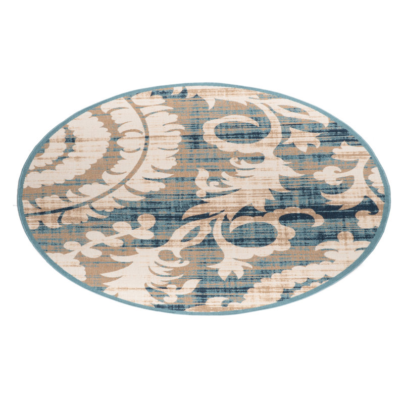 Tapis d'intérieur / extérieur à motif floral beige / bleu / brun clair Amont, Rond 6 pi 7 po