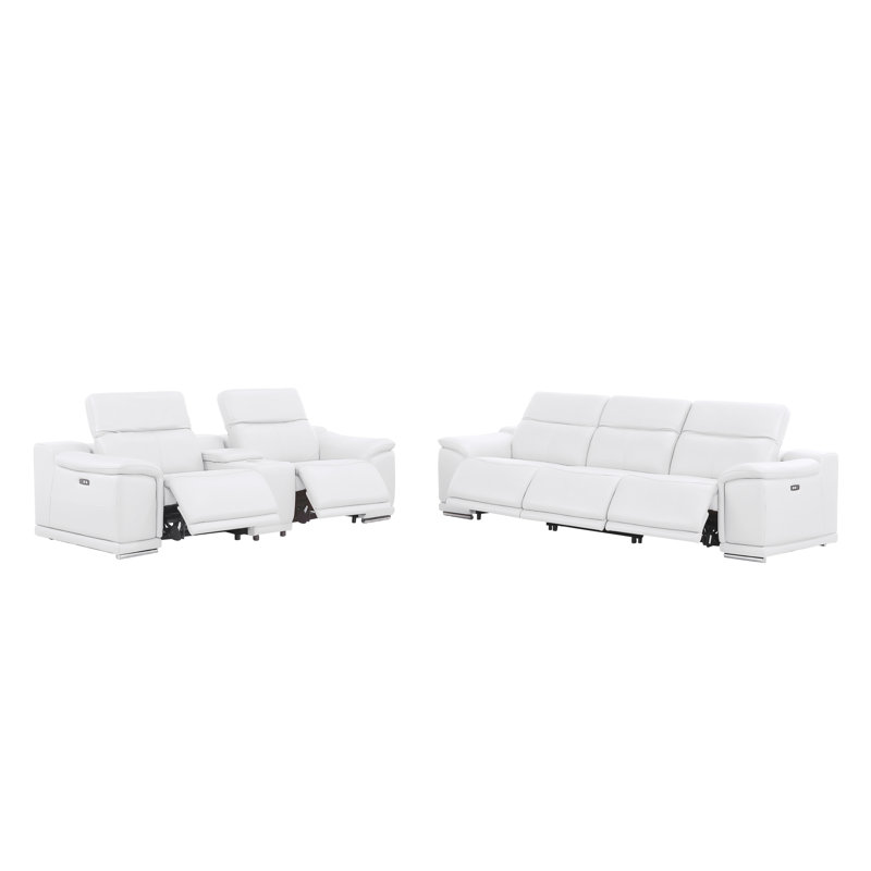 Ensemble inclinable en cuir véritable - canapé et causeuse avec 5 fauteuils inclinables électriques, Blanc