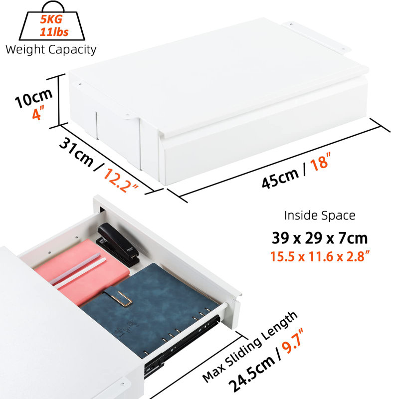 10cm H x 45cm W Desk, White