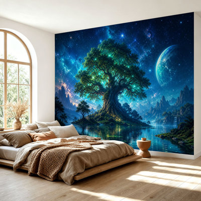 Papier peint adhésif autocollant Mystical Tree Glowing Foliage Under Starry Night Sky Fantasy Landscape