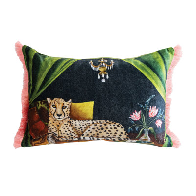 Cotton Blend Velvet Printed Lumbar Pillow With Cheetah Image And Eyelash Fringe