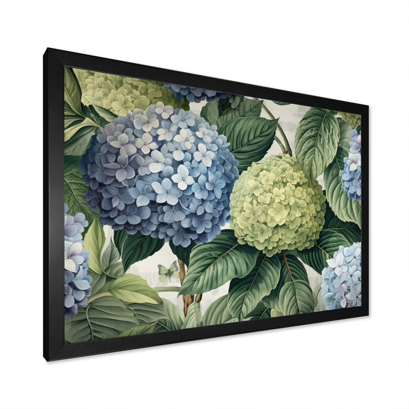 Impression sur toile rose, rose, vert et hortensia, Cadre photo noir, H 24 po x l 32 po x P 1 po