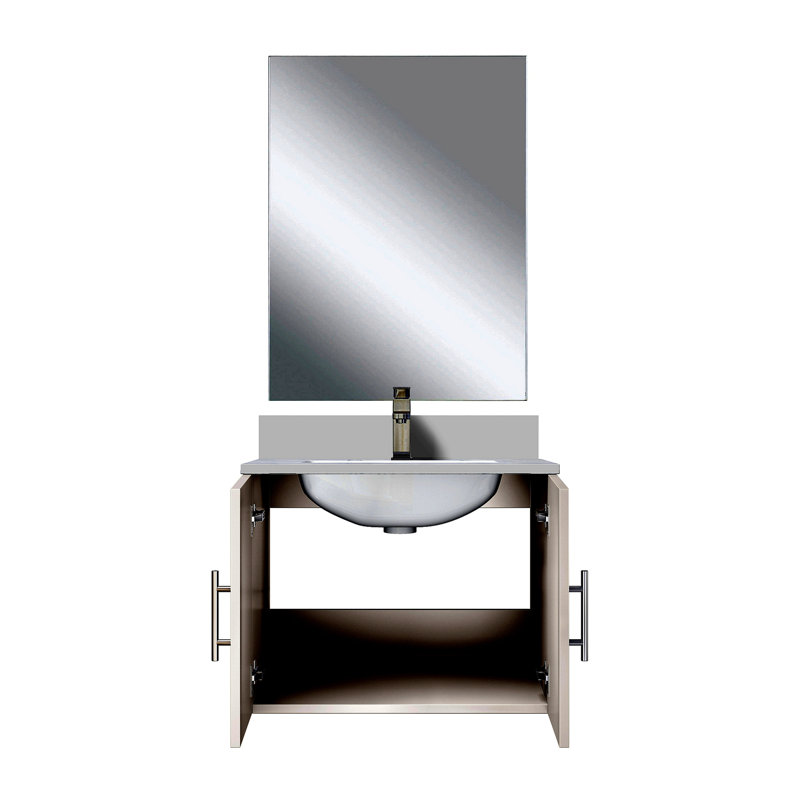 Meuble-lavabo simple 24 po X P 22 po P, comptoir en quartz, 18 po Ensemble miroir et robinet, Blanc lustré, Blanc lustré