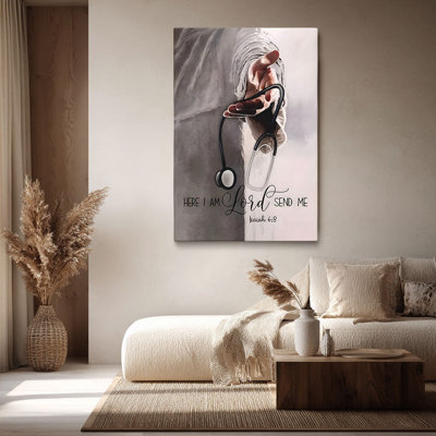 Spiritual “Hand with Stethoscope & ‘Here I Am Lord’ (Isaiah 6:8)” Healthcare Scripture Canvas Wall Art Stretched Frame for Cozy Studio