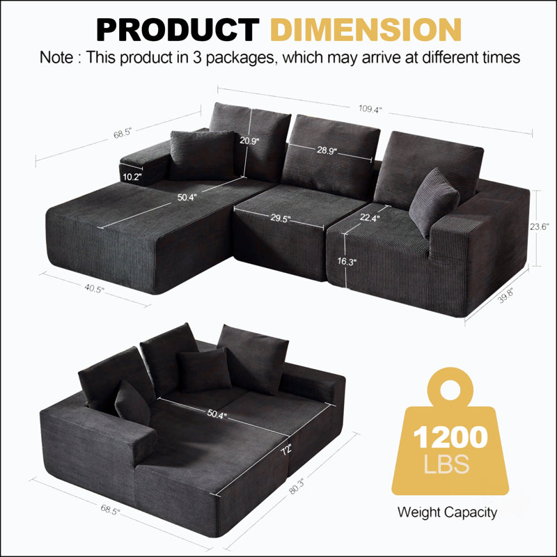 Canapé modulaire modulaire avec méridienne, canapé en forme de L moderne avec assise profonde, pour le salon, la chambre à coucher et le bureau, sans assemblage requis, noir
