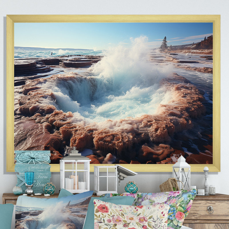 Maripat " Geyser Natures Force I " Mixed Media and Color Photography Print, 24" H x 32" W x 1" D, Gold Single Picture Framed