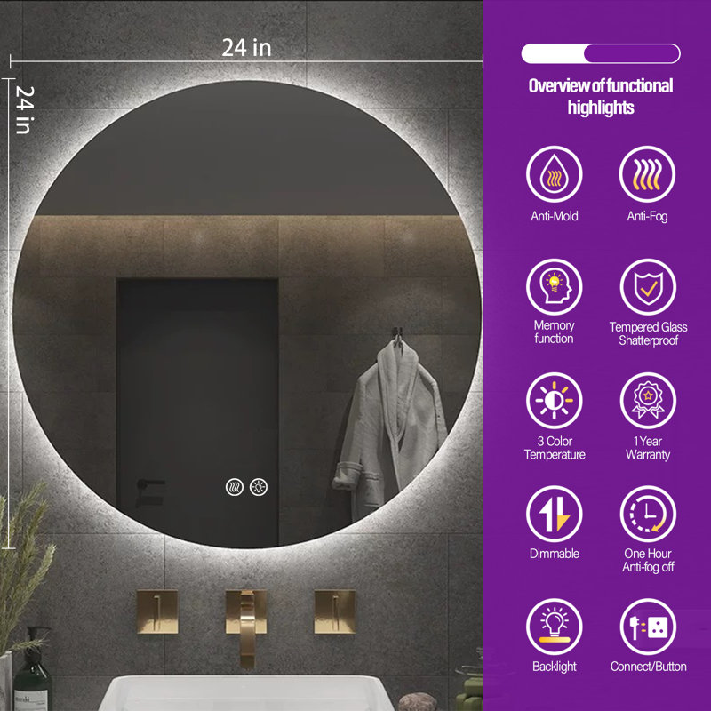 Lunara UL Certified Frameless Backlit LED Bathroom/Vanity Mirror, Temper Glass Round Mirror, 24" x 24" 