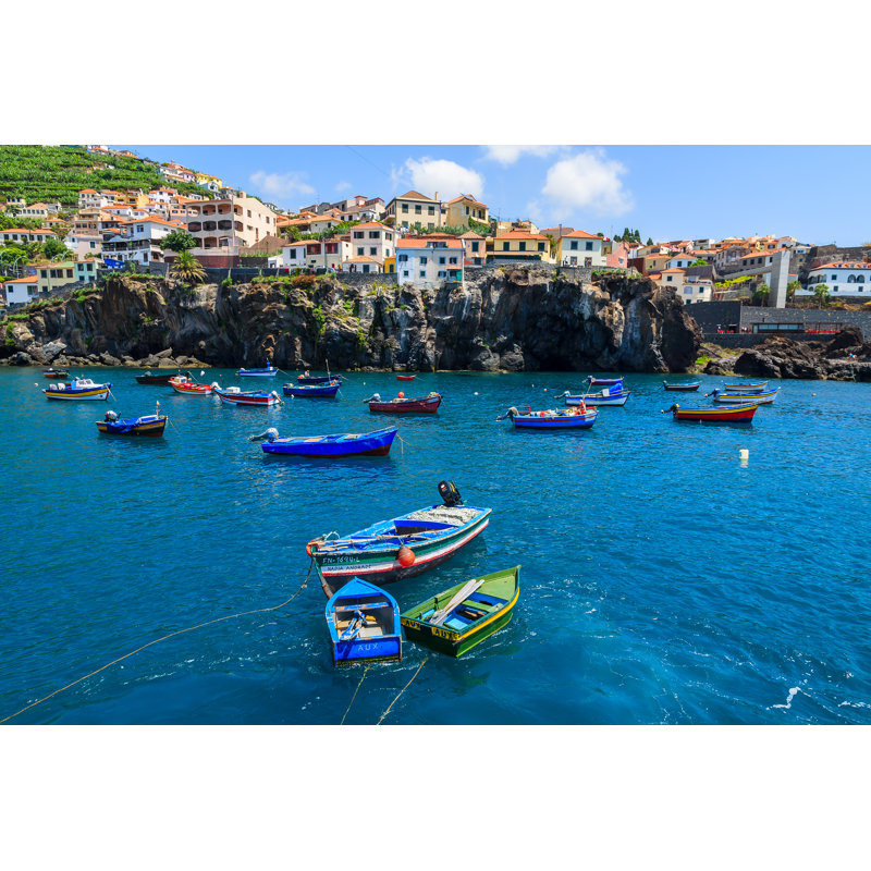 Fishing Boats On Sea In Camara De Lobos Port, Madeira Island - Wrapped Canvas Print, 81cm H x 122cm W x 3.8cm D