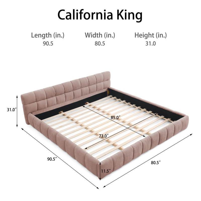 Chenille Upholstered Bed Frame With Headboard, Pink, California King