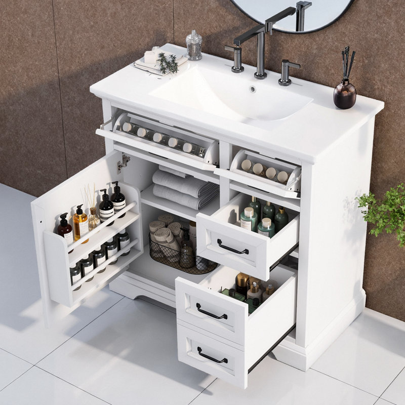 Meuble-lavabo blanc 36 po avec lavabo et rangement en céramique, White