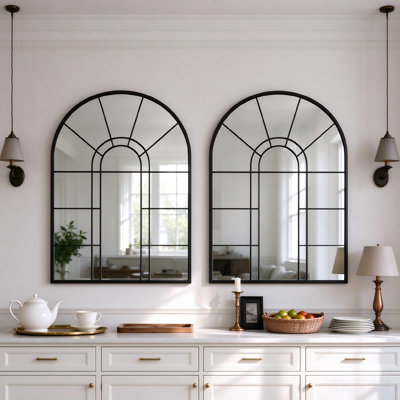 105 x 70 cm Arched Window Pane Mirror Metal Framed Wall Mirror Overmantel Mirror for Living Room Hallway Dining Room & Bedroom
