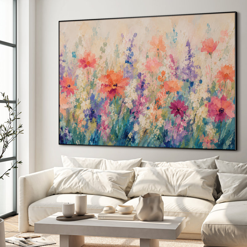 Extra Large Wall Art Fabric Print - Pink Wildflower Meadow Botanical Bedroom Decor - "Frame Assembly Required (Unfinished Frame)"