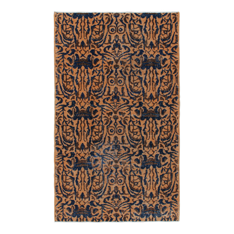 Rug & Kilim’S Contemporary Tiger Skin Runner Rug In Navy Blue & Gold Pictorial