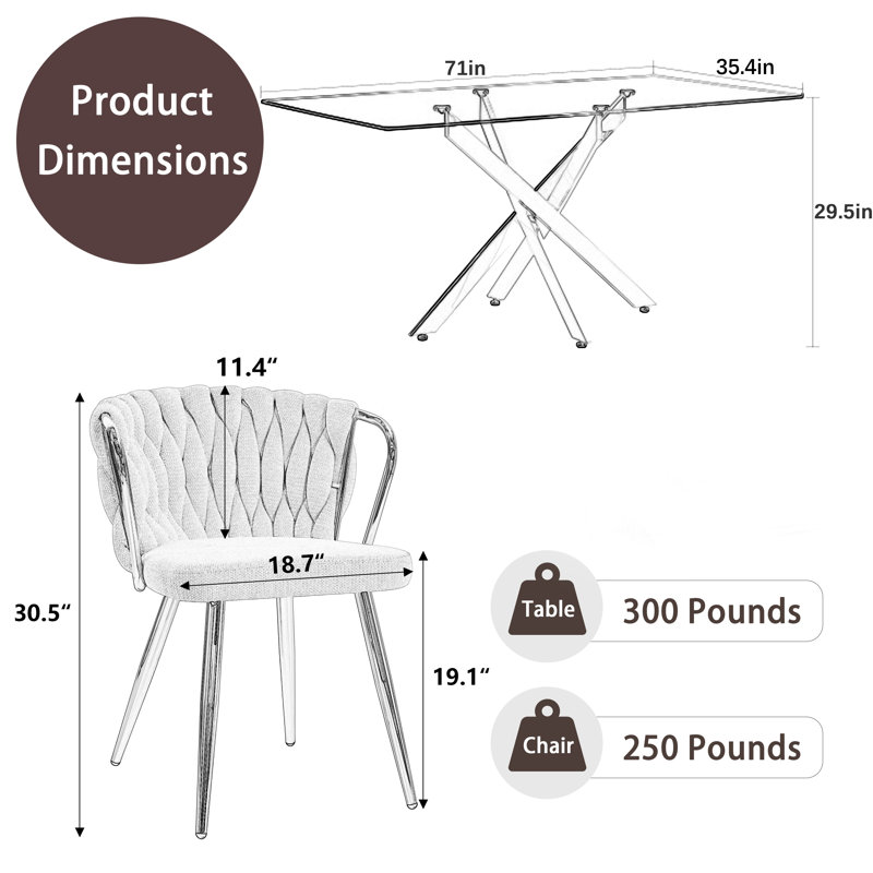 Elegant 7-Piece Rectangle Glass Dinning Table Set for 6, Beige, Gold, 29.5"H x 71"L x 31.5"W