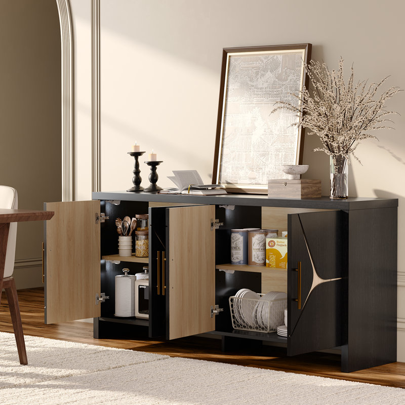 62.7'' W Craft Sideboard Buffet With 4 Doors & Adjustable Shelves & LED Light, Black