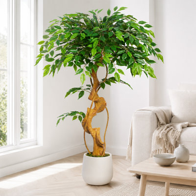 4FT Artificial Ficus Tree | Spiral Ficus Tree Artificial | Artificial Faux Tree in White Pot | Realistic Artificial Ficus Trees Indoor for Home & Office 