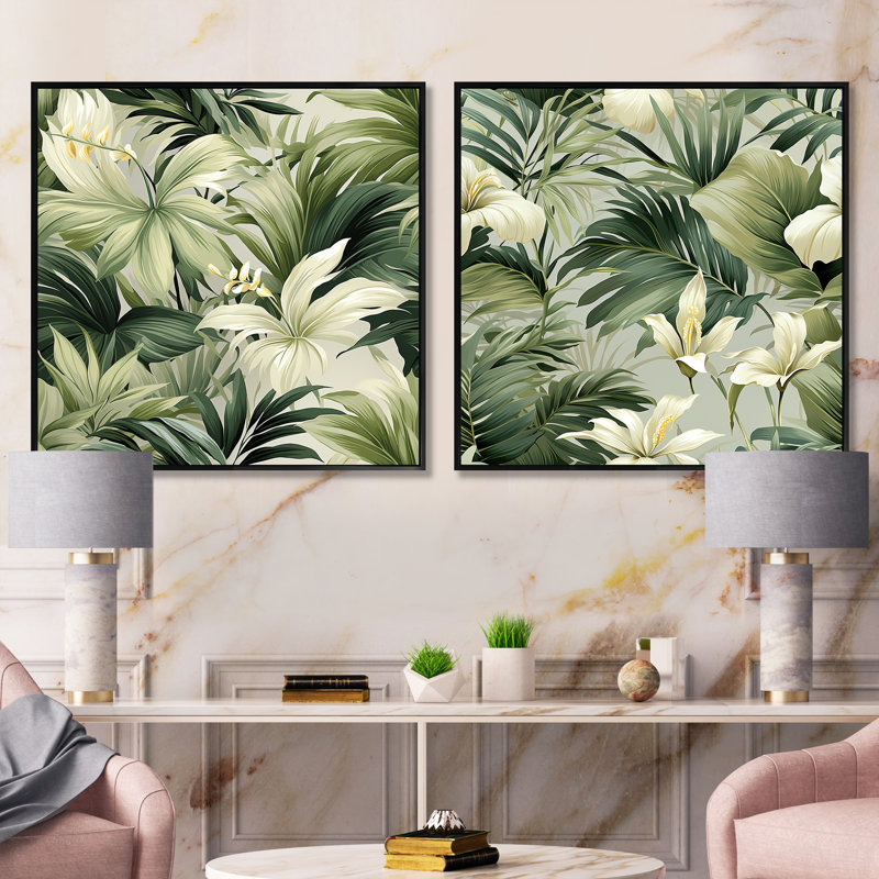Claudya - Ensemble de 2 collages carrés tropicaux, Cadre flottant noir, H 16 po x l 33 po