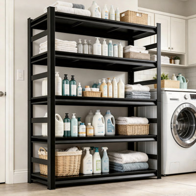 72"H 5 Tier Adjustable Metal Laundry Room Shelf, 36"W Over The Washer and Dryer Storage Shelf,Heavy Duty Laundry Room Rack Organization for Washer Dryer, Laundry Room, Multi-Functional Utility Storage Shelf, Black, 36"W x 16"D
