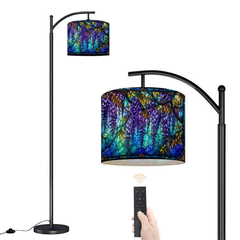  Lampe sur pied à arc en verre coloré à imprimé floral suspendu fleurs mauves, mosaïque bleue, grande lampe sur pied moderne, abat-jour réglable en lin à 3 couleurs