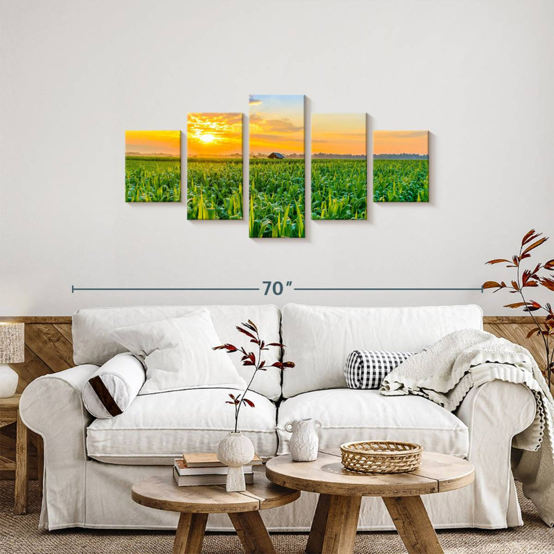 «Green Field Cornfield Sunset Scene», reproduction d'art sur toile 5 pièces, L 24 po x H 55 po
