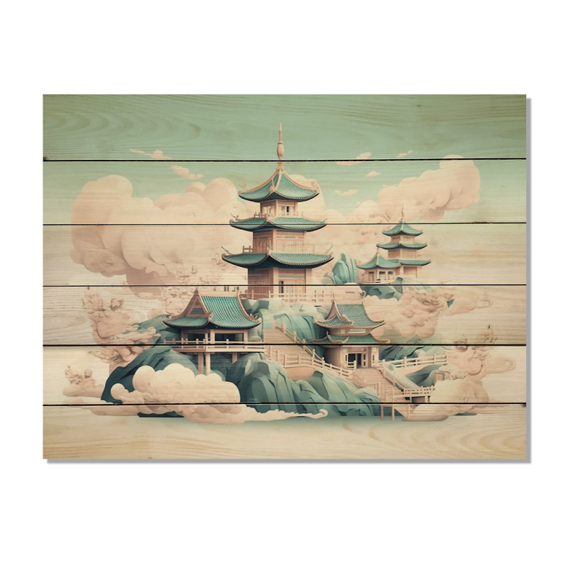 «Asian Mountain and Lake Illustration II - Landscape Japon», reproduction d'art sur bois, H 24 po x l 32 po x P 0,78 po