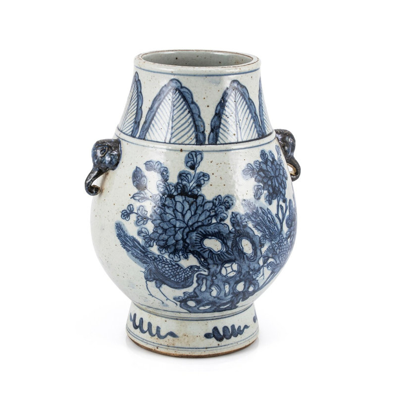 Pot à fleurs 13 po H en porcelaine bleue et blanche avec poignée éléphant