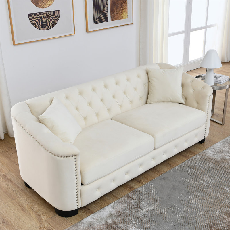 Canapé Chesterfield moderne de 77 pouces en velours, Beige