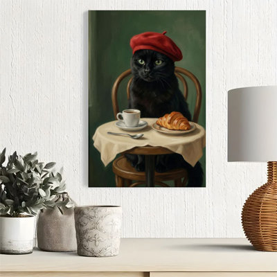 1pc Framed Canvas Wall Art Prints Poster, Black cat wearing a red beret, coffee and croissant, classical realism Art Posters Canvas Print Painting for Living Room Bedroom Office Bathroom Dorm Home Decor, Ready To Hang