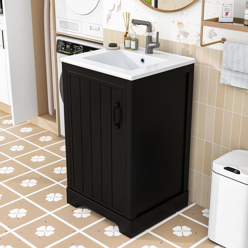 Meuble-lavabo de 20 po avec lavabo en céramique, support de rangement et tablette réglable, Noir
