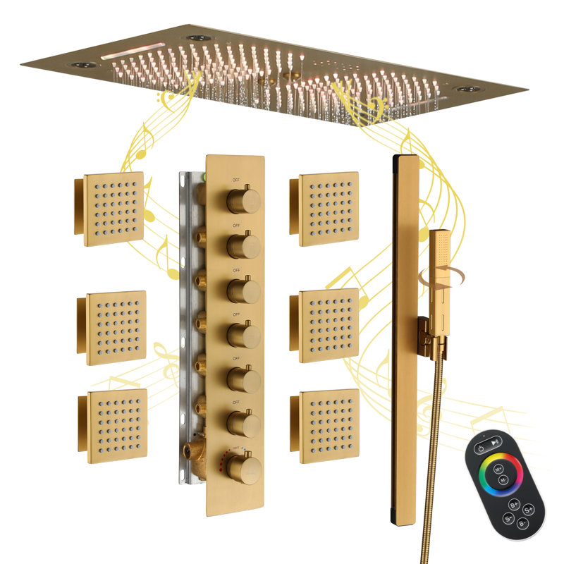 Brushed Gold Dual Rainfall and Handheld LED Shower System